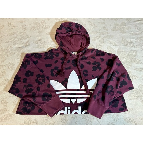 Adidas Big logo Burgundy/Black Leopard print cropped oversized Hoodie S - Picture 4 of 12